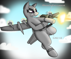 Size: 1008x832 | Tagged: safe, artist:pencil bolt, oc, oc only, oc:explosive angel, fly, original species, plane pony, pony, ac-130, cannon, gau-12, gun, lockheed ac-130, male, plane, shooting, sky, solo, war, weapon