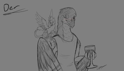 Size: 2154x1234 | Tagged: safe, artist:xeirla, oc, oc only, oc:der, oc:lief woodcock, griffon, alcohol, avian, blushing, clothes, drink, glass, micro, monochrome, sketch