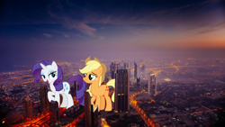 Size: 2488x1400 | Tagged: safe, artist:andoanimalia, artist:cloudyglow, applejack, rarity, earth pony, pony, unicorn, dubai, female, giant pony, giantess, highrise ponies, irl, macro, photo, ponies in real life