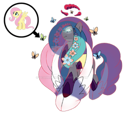 Size: 1600x1454 | Tagged: safe, artist:bearmation, fluttershy, butterfly, pegasus, pony, cloven hooves, crossover, dynamax, flower, gigantamax, glowing eyes, macro, pokemon sword and shield, pokémon, solo, transparent background, watermark
