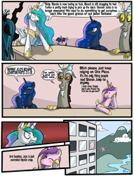 Size: 1164x1526 | Tagged: safe, artist:crystal-secret, discord, princess cadance, princess celestia, princess luna, queen chrysalis, trixie, twilight sparkle, alicorn, changeling, changeling queen, draconequus, pony, unicorn, anime, blue coat, blushing, cloud, comic, crown, dialogue, employer meme, exploitable meme, eyes closed, female, frown, golden eyes, hejibits, hoof on head, horn, jewelry, male, mare, multicolored mane, one eye closed, open mouth, pink coat, purple coat, raised hoof, raised leg, regalia, river, shonen jump, signature, smiling, speech bubble, spread wings, table, talking to each other, two toned mane, vulgar, white coat, window, wings, wink