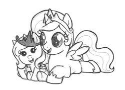 Size: 800x573 | Tagged: safe, artist:alienfirst, princess celestia, princess luna, alicorn, pony, baby, monochrome, younger