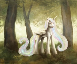 Size: 982x813 | Tagged: safe, artist:cosmicunicorn, princess celestia, alicorn, pony, forest, missing accessory, solo