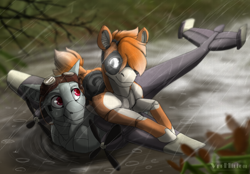 Size: 1680x1171 | Tagged: safe, artist:marinavermilion, oc, oc:dorn, oc:kiva, original species, plane pony, pony, robot, robot pony, carrying, female, glowing eyes, goggles, kirn, male, mare, plane, rain, stallion, water