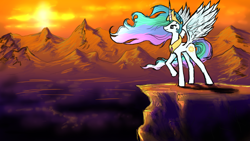 Size: 1600x900 | Tagged: safe, artist:magnet-rose, princess celestia, alicorn, pony, female, horn, mare, multicolored mane, scenery, solo, white coat