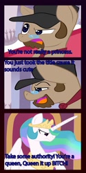 Size: 632x1264 | Tagged: safe, artist:cornofthebreads, princess celestia, alicorn, pony, comic, dialogue, nostalgia critic, ponified, tgwtg, vulgar