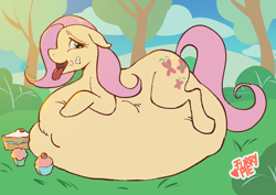 Size: 3508x2480 | Tagged: safe, artist:redfurrypie, fluttershy, pegasus, pony, belly, belly bed, big belly, cake, cutie mark, food, impossibly large belly, solo, stuffing, sun