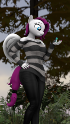 Size: 1080x1920 | Tagged: safe, artist:mane01, oc, oc only, oc:garry berry, oc:vision, anthro, pegasus, pony, 3d, anthro oc, anthro with ponies, clothes, female, holding a pony, looking at someone, mare, micro, nature, pants, shoulderless, size difference, sweater, tiny, tiny ponies