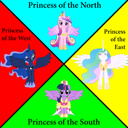 Size: 1000x1000 | Tagged: safe, princess cadance, princess celestia, princess luna, twilight sparkle, twilight sparkle (alicorn), alicorn, pony, magical mystery cure, alicorn tetrarchy, directions, east, north, south, the wizard of oz, west