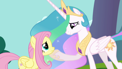 Size: 1280x720 | Tagged: safe, screencap, fluttershy, princess celestia, alicorn, pegasus, pony, keep calm and flutter on, female, mare