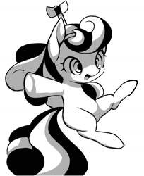 Size: 1498x1840 | Tagged: safe, artist:ccc, screwball, earth pony, pony, female, filly, grayscale, hat, monochrome, open mouth, simple background, solo, white background