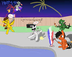 Size: 1560x1230 | Tagged: safe, artist:nootaz, oc, oc only, oc:blu skies, oc:chaser, oc:red sands, oc:seasprite, oc:sierra summit, original species, plane pony, pony, 4th of july, a-10 thunderbolt ii, alcohol, american independence day, commission, dos gringos, fireworks, grill, gun, holiday, independence day, lighter, mi-24, p-3 orion, plane, shotgun, song reference, weapon, whiskey