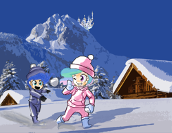 Size: 1640x1275 | Tagged: safe, artist:johnjoseco, artist:rammbrony, edit, princess celestia, princess luna, human, canterlot, cute, grin, humanized, mountain, one eye closed, open mouth, sisters, smiling, snow, snowball, snowball fight, throwing, wink, woona, young