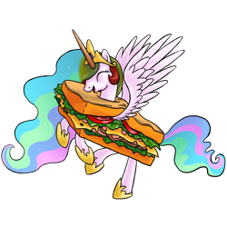 Size: 1116x1116 | Tagged: safe, artist:myminiatureequine, princess celestia, alicorn, pony, costume, happy, sandwich, solo