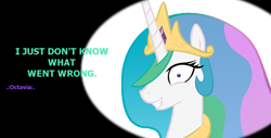 Size: 1112x563 | Tagged: safe, princess celestia, alicorn, pony, female, horn, mare, multicolored mane, princess molestia, solo, white coat, wtf