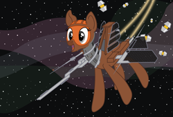 Size: 3000x2042 | Tagged: safe, artist:novafusion, oc, oc only, oc:gravity cap, original species, plane pony, pony, eve online, excited, minmatar, nebula, open mouth, plane, scanning, smiling, solar panel, solo, space, space ship, stars, vector