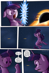Size: 1920x2816 | Tagged: safe, artist:shieltar, part of a series, part of a set, twilight sparkle, unicorn twilight, pony, unicorn, comic:giant twilight, accretion disk, black hole, comic, cute, dialogue, female, giant pony, giantess, glowing horn, growth, horn, macro, magic, mare, pony bigger than a planet, pony bigger than a solar system, pony bigger than a star, signature, size difference, solar system, solo, space, stars, teleportation, twiabetes, underhoof