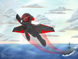 Size: 2962x2274 | Tagged: safe, artist:raspberrystudios, oc, oc only, original species, plane pony, pony, aircraft carrier, awesome, badass, cloud, commission, flight trail, grin, launch, navy, ocean, plane, smiling