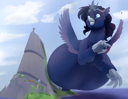 Size: 3300x2550 | Tagged: safe, artist:nsfwbonbon, artist:silfoe, edit, oc, oc only, oc:marinia, hippogriff, kaiju, kaiju pony, monster pony, belly, crown, destruction, female, grin, hyper, hyper belly, hyper pregnancy, impossibly large belly, jewelry, macro, mount aris, ocean, pregnant, pregnant edit, regalia, scenery, sharp teeth, smiling, superfetation, teeth, water