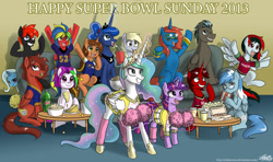 Size: 1800x1064 | Tagged: safe, artist:johnjoseco, derpy hooves, princess celestia, princess luna, trixie, twilight sparkle, oc, alicorn, pegasus, pony, female, mare, sports, super bowl