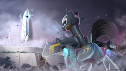 Size: 1920x1080 | Tagged: safe, artist:discordthege, oc, oc only, original species, plane pony, pony, commission, destiny (game), fantasy class, female, looking back, mare, plane, scenery, smiling, warrior