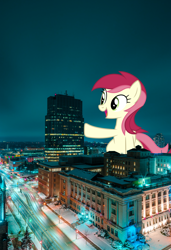 Size: 2630x3840 | Tagged: safe, artist:dashiesparkle, roseluck, pony, building, canada, female, giant pony, giantess, highrise ponies, irl, lights, london, macro, night, photo, raised hoof, sky, snow