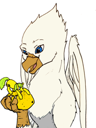 Size: 1234x1645 | Tagged: safe, artist:cannibalisticfawn, artist:tinibirb, color edit, edit, oc, oc only, oc:der, oc:lemon drop, earth pony, griffon, colored, duo, food, lemon, micro, sketch