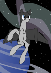 Size: 794x1123 | Tagged: safe, artist:novafusion, oc, oc only, alien, original species, plane pony, pony, floating, gas giant, nebula, orbit, plane, planet, solo, space, stars, vector