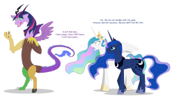 Size: 2000x1120 | Tagged: safe, artist:shadowolfozo, princess celestia, princess luna, twilight sparkle, alicorn, draconequus, pony, magical mystery cure, bad end, bipedal, cloven hooves, colored sclera, dialogue, draconequified, ethereal mane, female, green sclera, mare, simple background, starry mane, transparent background, trio, twikonequus, what has magic done, xk-class end-of-the-world scenario