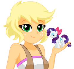 Size: 1129x1058 | Tagged: safe, artist:rosemile mulberry, applejack, rarity, pony, unicorn, equestria girls, alternate hairstyle, bow, clothes, clothes swap, cute, eyes closed, female, freckles, holding a pony, micro, raribetes, ribbon, simple background, sleeveless, smiling, white background