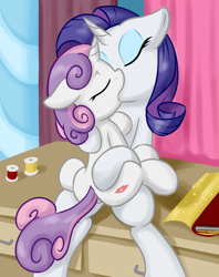 Size: 1190x1500 | Tagged: safe, alternate version, artist:fearingfun, edit, rarity, sweetie belle, pony, unicorn, age difference, belle sisters, butt, eyes closed, female, filly, floppy ears, incest, kiss mark, kissing, lesbian, lipstick, mare, mare on filly, raribelle, raricest, shipping, siblings, sisters, sitting, spool, sweetie butt