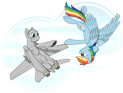 Size: 2752x2078 | Tagged: safe, artist:zackjiang, rainbow dash, original species, pegasus, plane pony, pony, f-14 tomcat, flying, looking at each other, plane