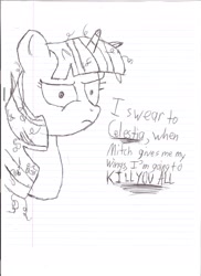 Size: 1700x2338 | Tagged: safe, artist:supergex, artist:trueinfinitycore, princess celestia, twilight sparkle, alicorn, pony, alicorn drama, angry, m.a. larson, not to be taken seriously, sketch, twilight snapple