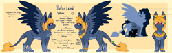 Size: 5481x1700 | Tagged: safe, artist:sinnocturnal, oc, oc only, oc:pietas lazuli, sphinx, blue feather, chest fluff, feather, female, gold, jewelry, macro, macro/micro, makeup, malachite, paws, red eyes, reference sheet, silhouette, sphinx oc, text, yellow hair