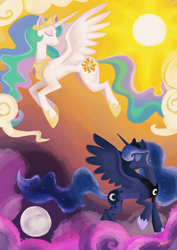 Size: 2480x3507 | Tagged: safe, artist:sketchprinterdemon, princess celestia, princess luna, alicorn, pony, contrast, moon, sun