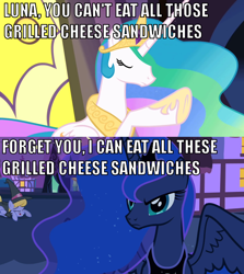 Size: 640x719 | Tagged: safe, edit, edited screencap, screencap, princess celestia, princess luna, alicorn, pony, luna eclipsed, apple.mov, comic, fuck you i can eat all these apples, glorious grilled cheese, grilled cheese