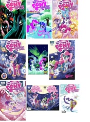 Size: 1366x1845 | Tagged: safe, idw, applejack, fluttershy, pinkie pie, princess cadance, princess celestia, queen chrysalis, rainbow dash, rarity, shining armor, spike, twilight sparkle, changeling, changeling queen, earth pony, pony, unicorn, changelingified, covers, text