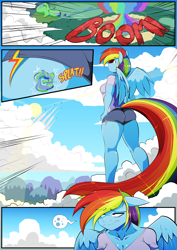 Size: 6071x8598 | Tagged: safe, artist:vale-city, rainbow dash, anthro, pegasus, comic:twilight's potion, absurd resolution, ass, blue sky, breasts, butt, clothes, comic, cutie mark, droplet, female, giantess, growth, gym shorts, legs, macro, mushroom cloud, rainboob dash, rainbutt dash, sexy, shorts, stupid sexy rainbow dash, tomboy