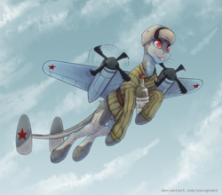 Size: 2500x2200 | Tagged: safe, artist:yarugreat, oc, oc:шип водкович, original species, plane pony, pony, alcohol, bottle, clothes, flying, grin, hat, jacket, plane, smiling, solo, tu-2s-59, vodka