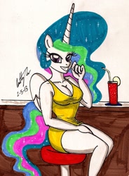 Size: 1015x1381 | Tagged: safe, artist:newyorkx3, princess celestia, anthro, bar, traditional art