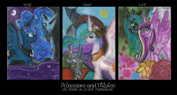 Size: 900x483 | Tagged: safe, artist:prismaya, discord, nightmare moon, princess cadance, princess celestia, princess luna, queen chrysalis, alicorn, changeling, changeling queen, draconequus, pony, traditional art