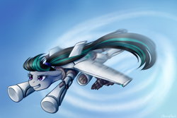 Size: 2560x1706 | Tagged: safe, artist:cosmalumi, oc, oc only, oc:nighttide star, cyborg, original species, plane pony, pony, female, flying, mare, plane, smiling, solo