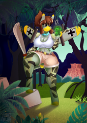 Size: 2480x3508 | Tagged: safe, artist:tatemil, oc, oc only, oc:jägerin, anthro, original species, plane pony, belly button, big breasts, breasts, clothes, idol, jungle, machete, midriff, plane, shorts, skull, temple