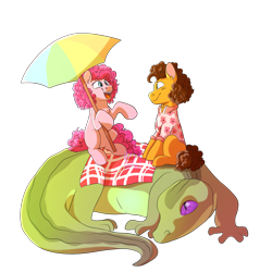 Size: 3000x3000 | Tagged: safe, artist:glitterstar2000, cheese sandwich, gummy, pinkie pie, alligator, earth pony, pony, cheesepie, clothes, date, female, hoof hold, macro, male, missing cutie mark, older gummy, picnic blanket, ponies riding gators, riding, shipping, shirt, simple background, straight, transparent background, umbrella