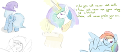 Size: 1280x529 | Tagged: dead source, safe, artist:spaerk, princess celestia, rainbow dash, trixie, alicorn, pegasus, pony, unicorn, greentext, hooves, humie, my little human, plot, role reversal, sketch, text, tfw