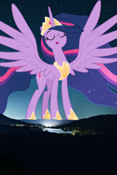 Size: 3648x5472 | Tagged: safe, artist:decprincess, artist:jerryakiraclassics19, princess twilight 2.0, twilight sparkle, twilight sparkle (alicorn), alicorn, pony, the last problem, crown, eyes closed, female, giant pony, giantess, highrise ponies, irl, jewelry, macro, mountain, night, older, older twilight, older twilight sparkle (alicorn), photo, ponies in real life, regalia, spread wings, truckee, twizilla, wings