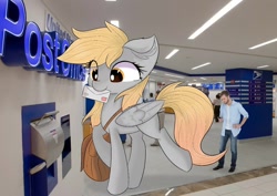 Size: 1446x1023 | Tagged: safe, artist:janelearts, derpy hooves, human, pegasus, pony, giant pony, irl, irl human, letter, macro, mailmare, mouth hold, photo, ponies in real life, post office