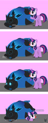 Size: 1966x5078 | Tagged: safe, artist:wheatley r.h., derpibooru exclusive, oc, oc only, oc:twi clown, oc:w. rhinestone eyes, changeling, unicorn, 4 panel comic, angry, bat wings, belly, belly bed, big belly, blue changeling, changeling oc, changeling overfeeding, clown makeup, comic, honeypot changeling, horn, impossibly large belly, magic, needle, pink background, shocked eyes, simple background, sleeping, speech bubble, squashed, telekinesis, touching, unicorn oc, vector, watermark, wings