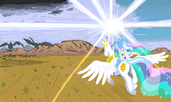 Size: 801x481 | Tagged: safe, artist:auraion, princess celestia, trixie, alicorn, pony, unicorn, fell beast, female, flying, gandalf, gandalf the white, glow, hoof hold, light, lord of the rings, magic, mare, nazgul, ponies riding ponies, riding, spread wings, staff