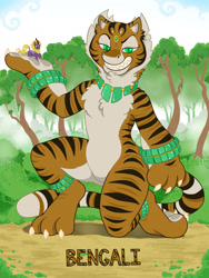 Size: 3024x4032 | Tagged: safe, artist:wispy tuft, oc, oc only, oc:bengali, anthro, big cat, digitigrade anthro, kirin, sphinx, tiger, jade, jewelry, jungle, macro, macro/micro, male, micro, reference sheet